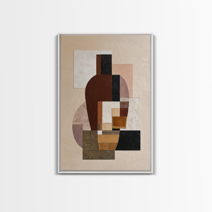 Brown Leather and Whiskey Still Life Framed Canvas Print, Monochrome Art, Textured Painting, Living Room Decor, Fine Art, Mono, MON-2x3-55
