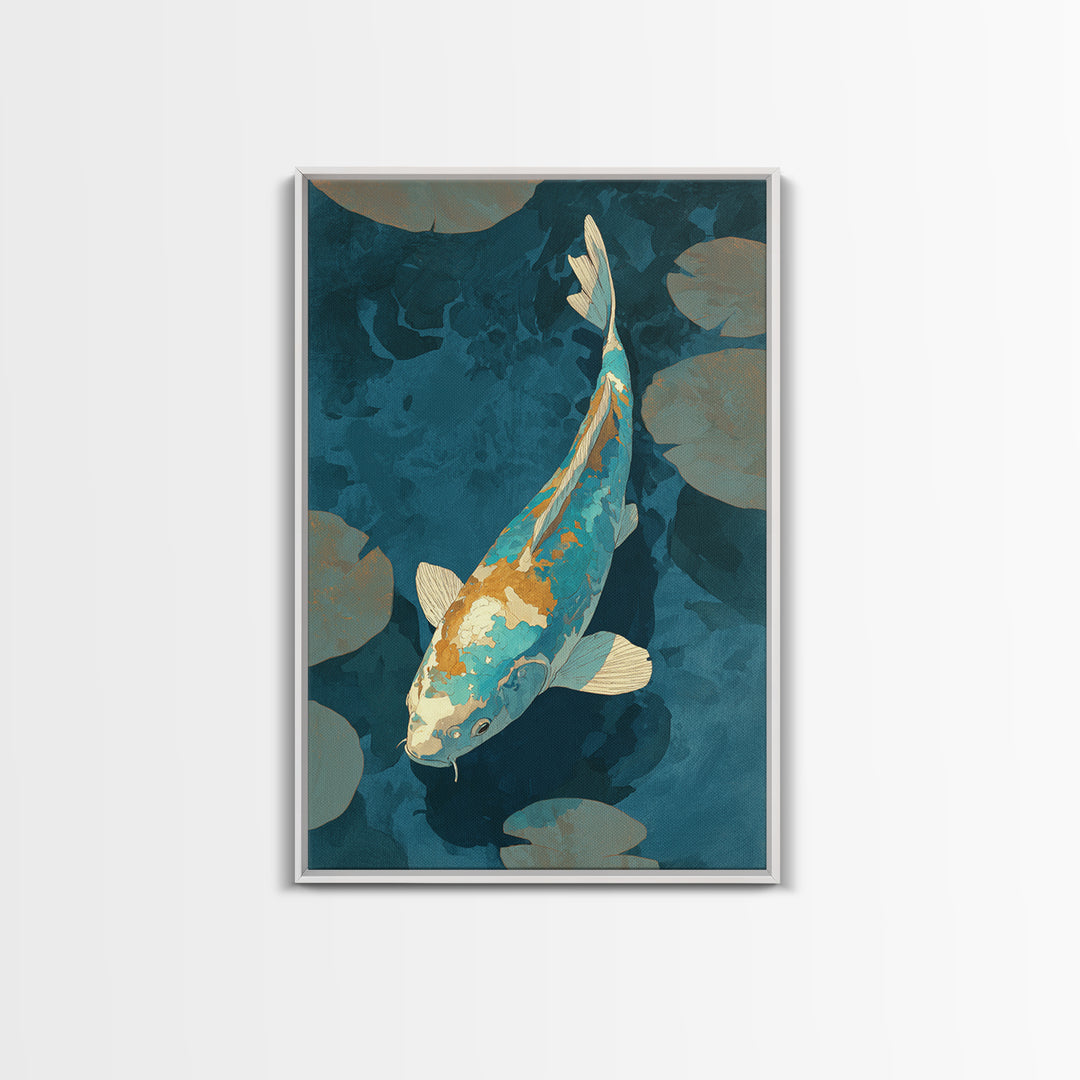 Teal Koi Fish on Tonal Water Framed Canvas Print, Monochrome Art, Original Art, Living Room Decor, Fine Art, Mono, Bird Art, MON-2x3-73