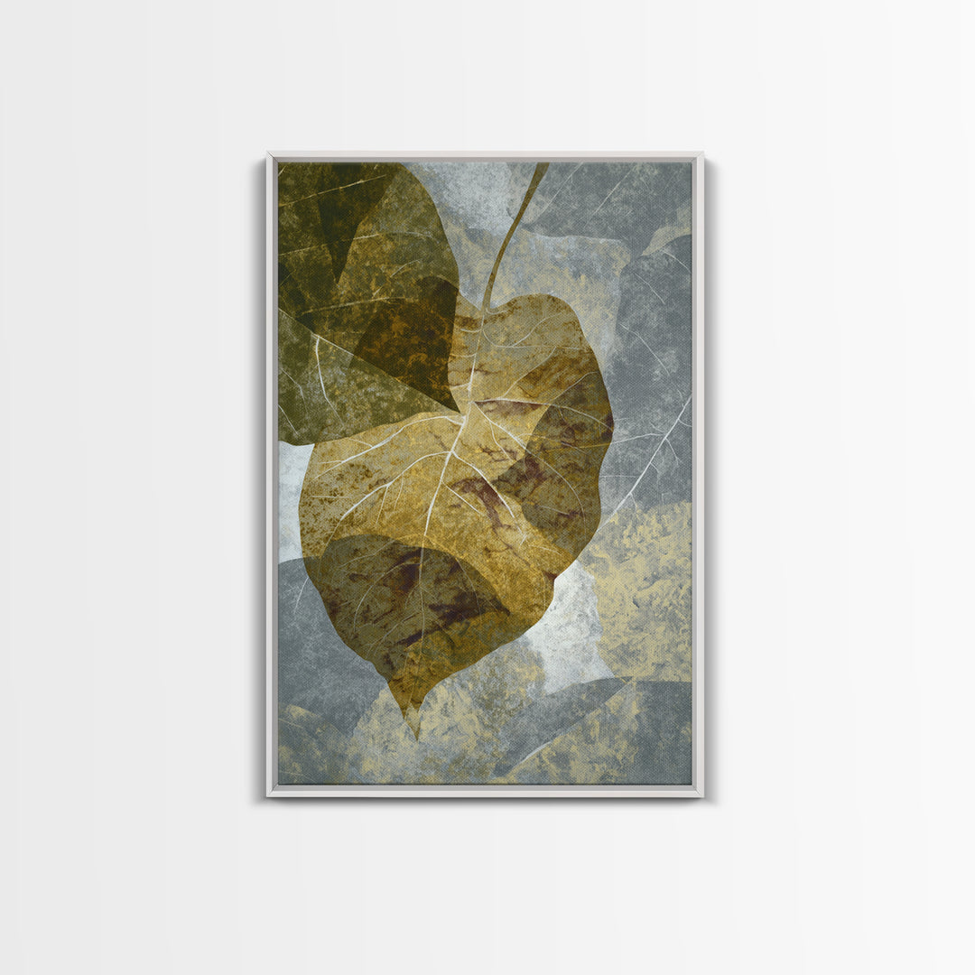 Olive Green Abstract Leaf Pattern Framed Canvas Print, Monochrome Art, Digital Print, Living Room Decor, Fine Art, Mono, MON-2x3-76
