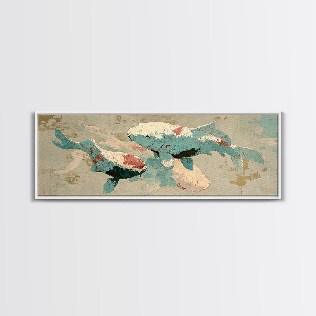 Teal Koi Fish on Tonal Water Canvas Print, Monochrome Art, Digital Print, Living Room Decor, Fine Art, Mono, Modern Art, MON-3x1-33