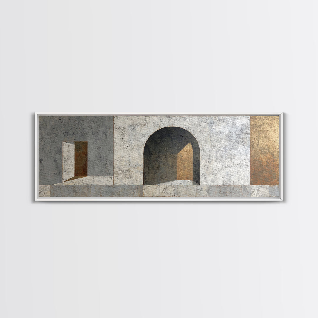 Gray Architectural Arch and Shadow Study Canvas Print, Monochrome Art, Large Wall Art, Living Room Decor, Watercolor Art, Mono, MON-3x1-50