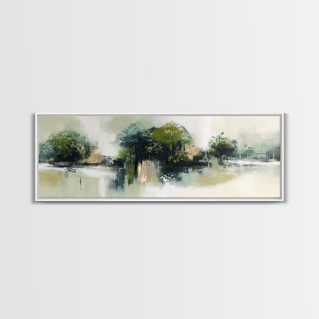 Deep Green Forest Silhouette Study Framed Canvas Print, Monochrome Art, Boho Wall Art, Living Room Decor, Oil Painting, Mono, MON-3x1-77