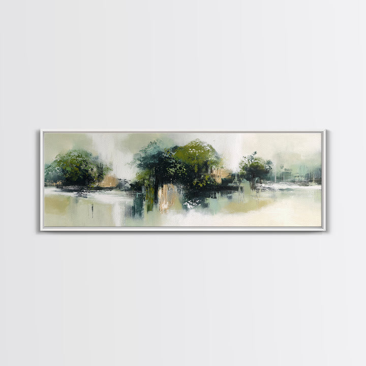Deep Green Forest Silhouette Study Framed Canvas Print, Monochrome Art, Boho Wall Art, Living Room Decor, Oil Painting, Mono, MON-3x1-77