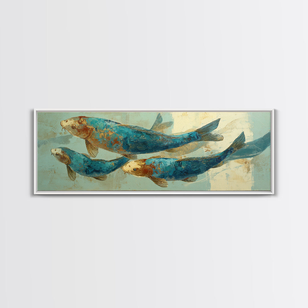 Teal Koi Fish on Tonal Water Framed Canvas Print, Monochrome Art, Dopamine Decor, Living Room Decor, Mono, Modern Decor, MON-3x1-81