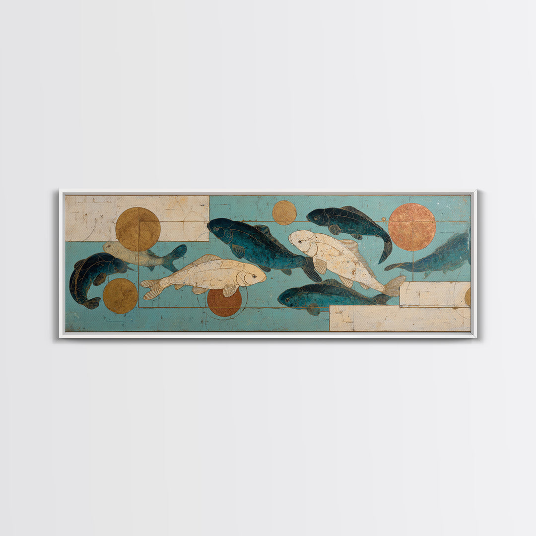 Teal Koi Fish on Tonal Water Framed Canvas Print, Monochrome Art, Digital Wall Art, Living Room Decor, Fine Art, Mono, MON-3x1-9