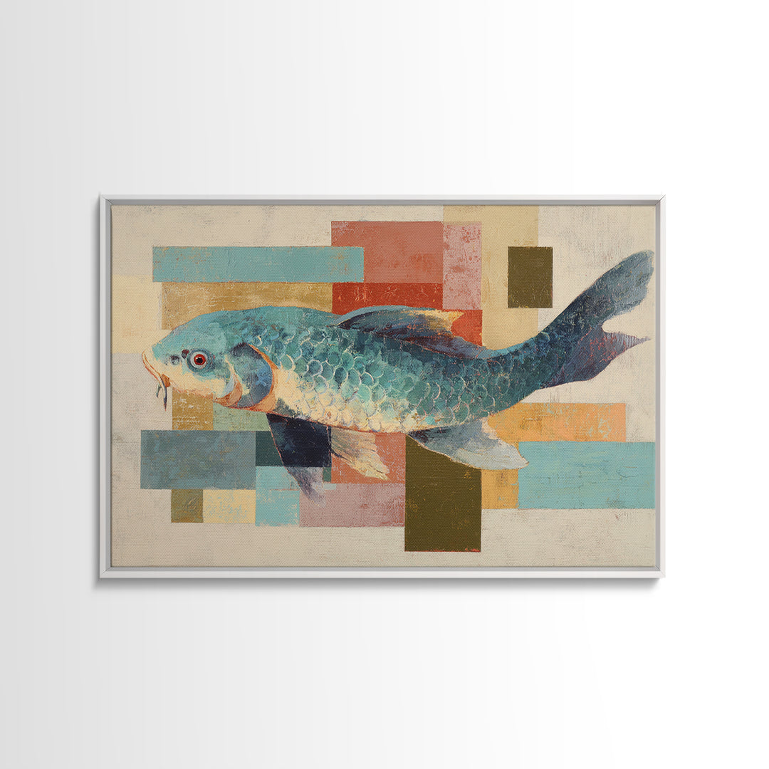 Teal Koi Fish on Tonal Water Canvas Print, Monochrome Art, Printable Art, Living Room Decor, Mono, Minimalist Wall Art, MON-3x2-21