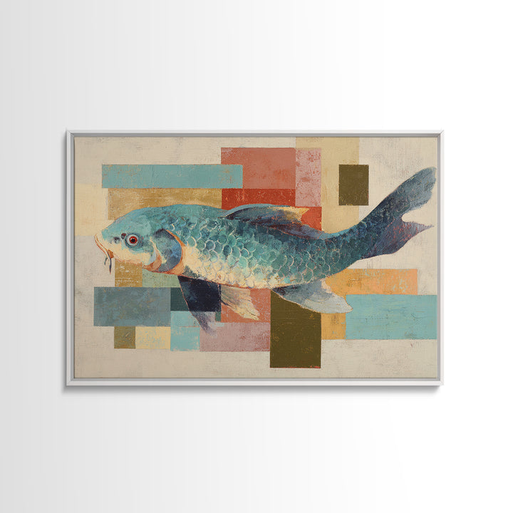 Teal Koi Fish on Tonal Water Canvas Print, Monochrome Art, Printable Art, Living Room Decor, Mono, Minimalist Wall Art, MON-3x2-21