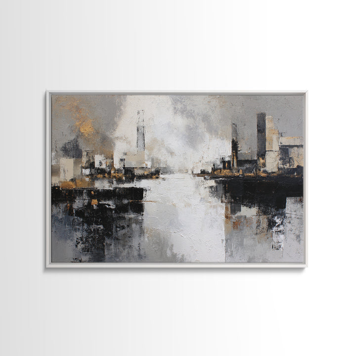 Black and White City Reflection Framed Canvas Print, Monochrome Art, Living Room Decor, Abstract Art, Mono, Gallery Decor, MON-3x2-25