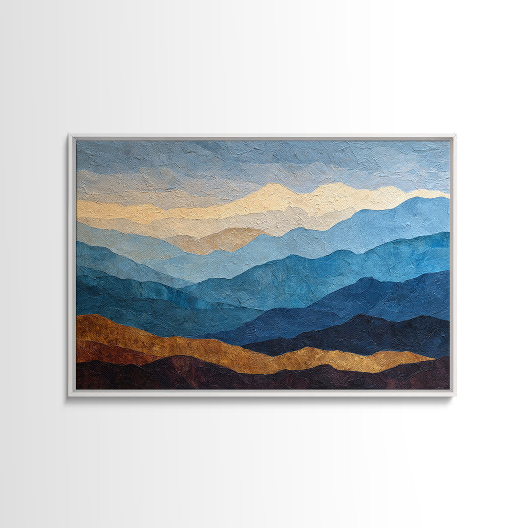 Blue Mountain Ridge Layers Framed Canvas Print, Monochrome Art, Large Wall Art, Living Room Decor, Watercolor Art, Mono, MON-3x2-28