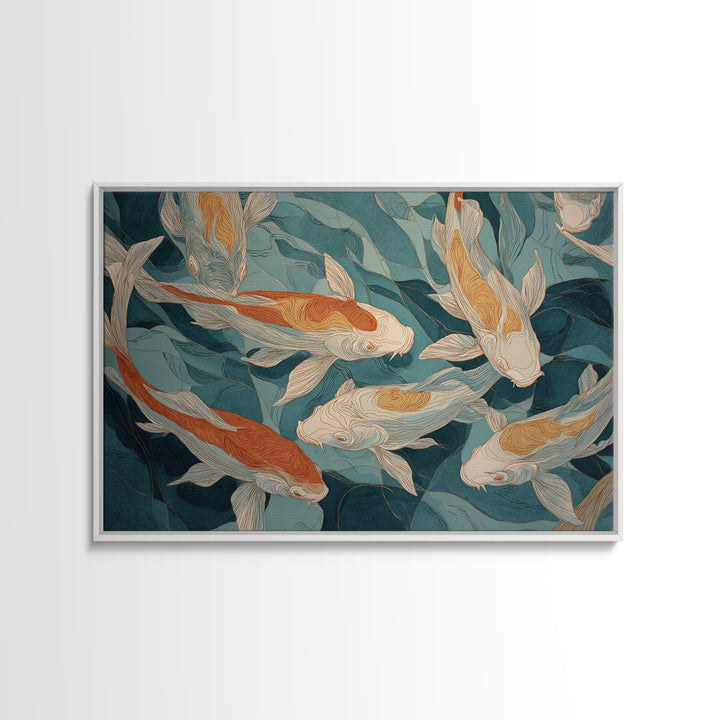 Teal Koi Fish on Tonal Water Framed Canvas Print, Monochrome Art, Modern Wall Art, Living Room Decor, Fine Art, Mono, MON-3x2-45