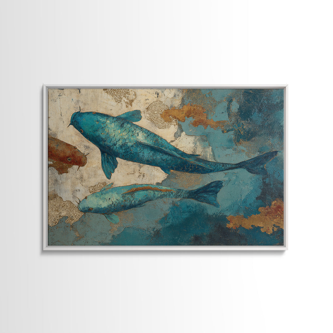 Teal Koi Fish on Tonal Water Framed Canvas Print, Monochrome Art, Modern Wall Art, Living Room Decor, Fine Art, Mono, MON-3x2-69