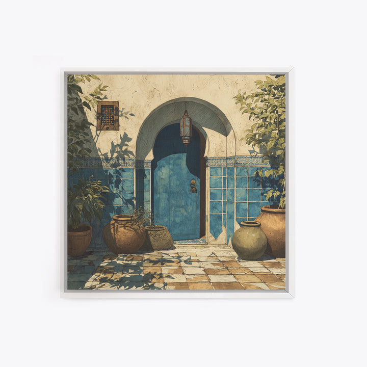 Arched Doorway with Lantern Glow and Patterned Canvas Print, Moroccan Art, Neutral Decor, Living Room Decor, Marrakesh, MOR-1x1-26