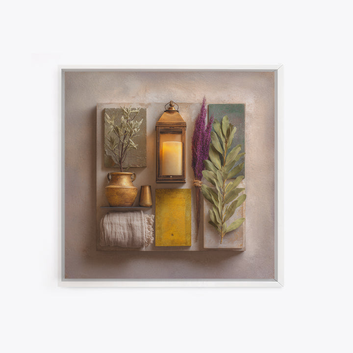 Brass Lantern Still Life Casting Lace Shadows Framed Canvas Print, Moroccan Art, Living Room Decor, Abstract Art, Marrakesh, MOR-1x1-33