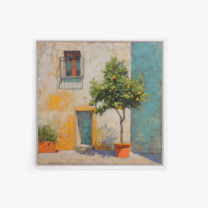 Orange Tree in Tiled Courtyard Framed Canvas Print, Moroccan Art, Contemporary Art, Living Room Decor, Oil Painting, Marrakesh, MOR-1x1-37