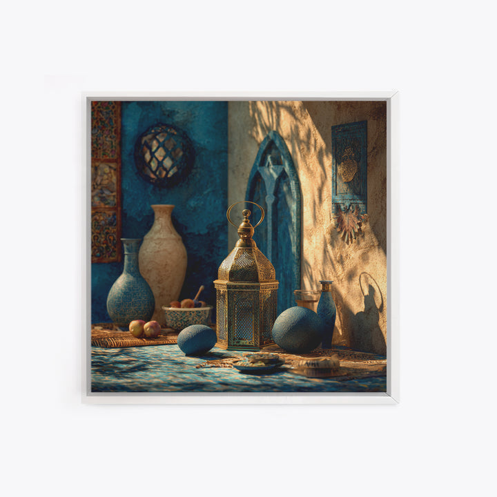 Brass Lantern Still Life Casting Lace Shadows Framed Canvas Print, Moroccan Art, Living Room Decor, Abstract Art, Marrakesh, MOR-1x1-57