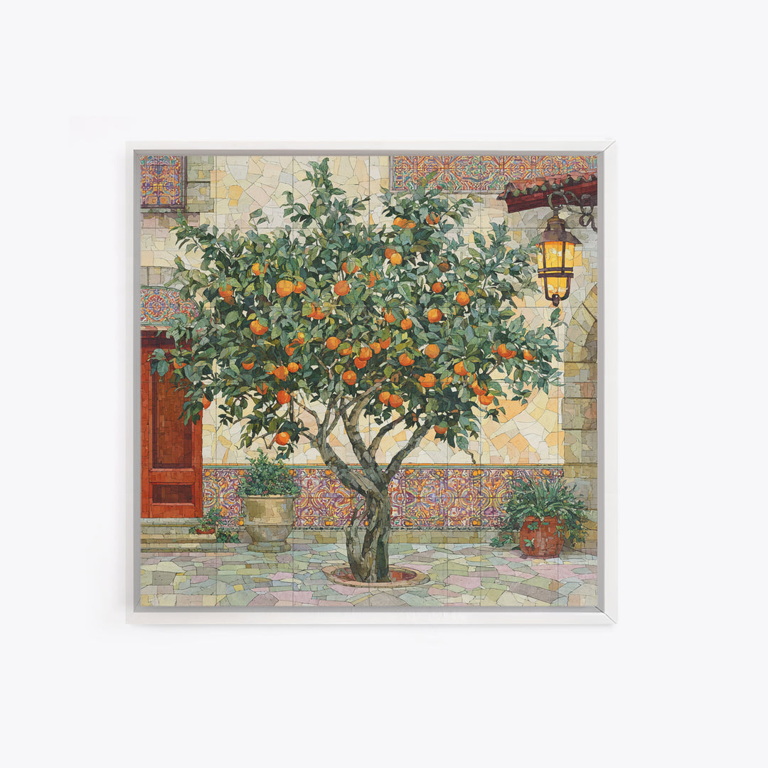 Orange Tree in Tiled Courtyard Framed Canvas Print, Moroccan Art, Contemporary Art, Living Room Decor, Oil Painting, Marrakesh, MOR-1x1-61