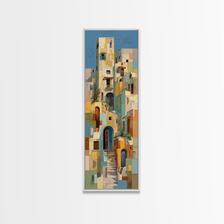 Blue City Alley Rendered as Painterly Shapes Canvas Print, Moroccan Art, Digital Art, Living Room Decor, Abstract Art, MOR-1x3-90
