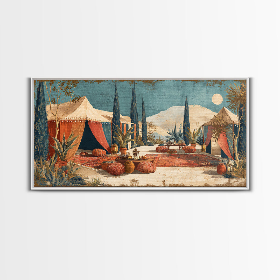 Desert Tent with Woven Rugs and Lanterns Framed Canvas Print, Moroccan Art, Art Prints, Living Room Decor, Fine Art, Marrakesh, MOR-2x1-10