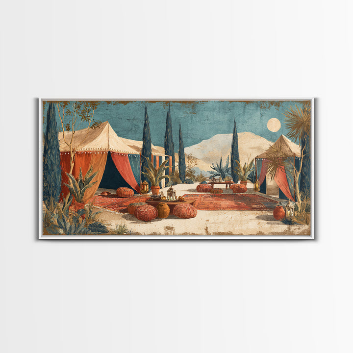 Desert Tent with Woven Rugs and Lanterns Framed Canvas Print, Moroccan Art, Art Prints, Living Room Decor, Fine Art, Marrakesh, MOR-2x1-10