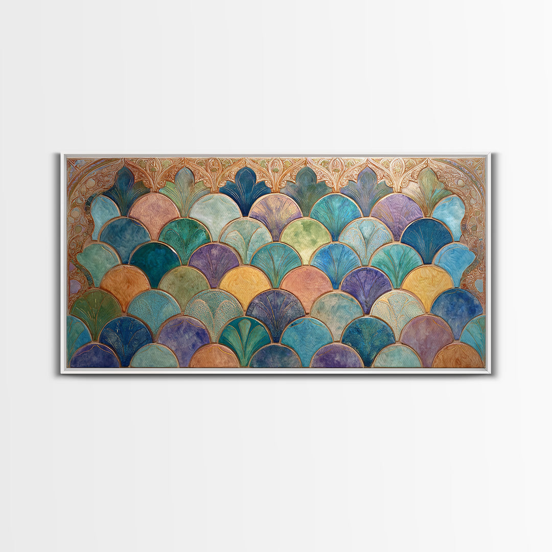 Turquoise Tile Fish Scale Pattern Canvas Print, Moroccan Art, Wall Art Print, Living Room Decor, Fine Art, Marrakesh, MOR-2x1-17