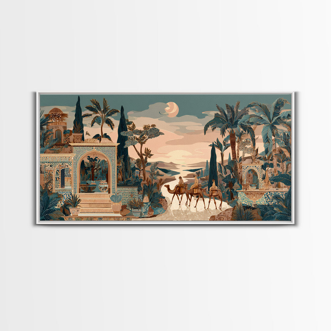Desert Camel Caravan Framed Canvas Print, Moroccan Art, Boho Wall Art, Living Room Decor, Fine Art, Marrakesh, Map Wall Art, MOR-2x1-23