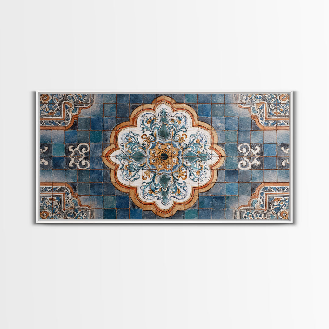 Ornate Zellige Tile Pattern Framed Canvas Print, Moroccan Art, African Art, Living Room Decor, Marrakesh, Neutral Decor, MOR-2x1-45