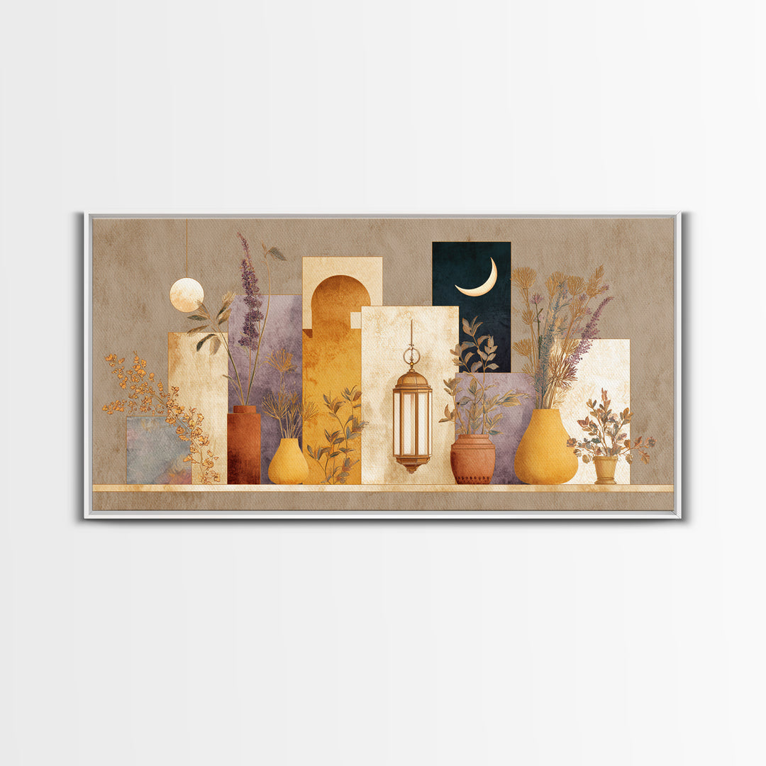 Camel Silhouette Beneath Crescent Moon Framed Canvas Print, Moroccan Art, African Art, Living Room Decor, Fine Art, Marrakesh, MOR-2x1-55