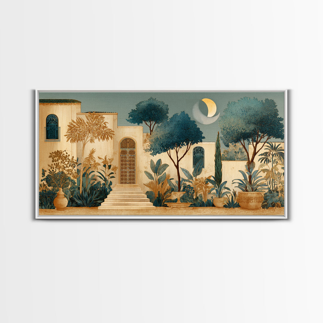 Camel Silhouette Beneath Crescent Moon Framed Canvas Print, Moroccan Art, Printable Wall Art, Living Room Decor, Marrakesh, MOR-2x1-7