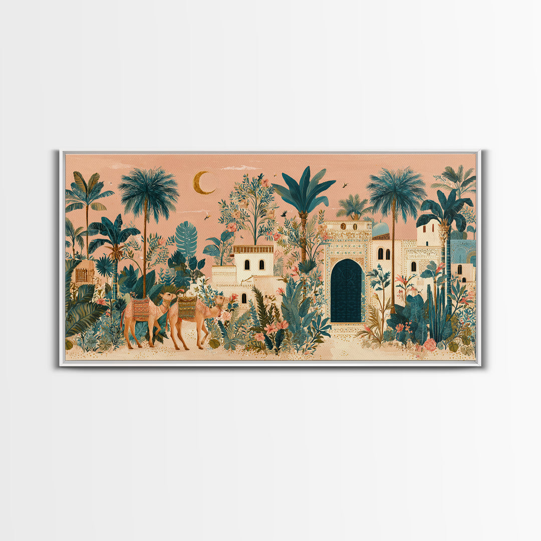 Desert Camel Caravan Framed Canvas Print, Moroccan Art, Statement Artwork, Living Room Decor, Oil Painting, Marrakesh, MOR-2x1-95