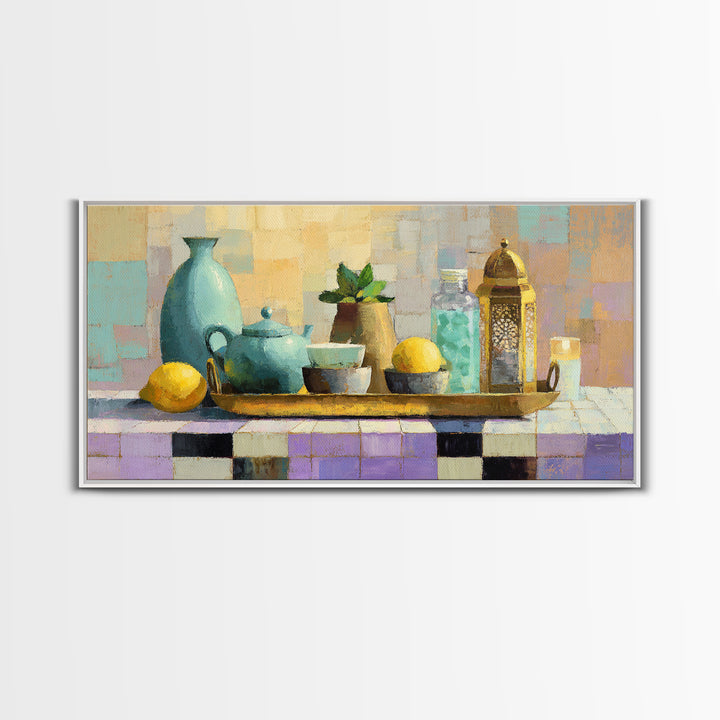 Moroccan Tea Set Framed Canvas Print, Moroccan Art, Gallery Wall Set, Living Room Decor, Oil Painting, Marrakesh, MOR-2x1-96