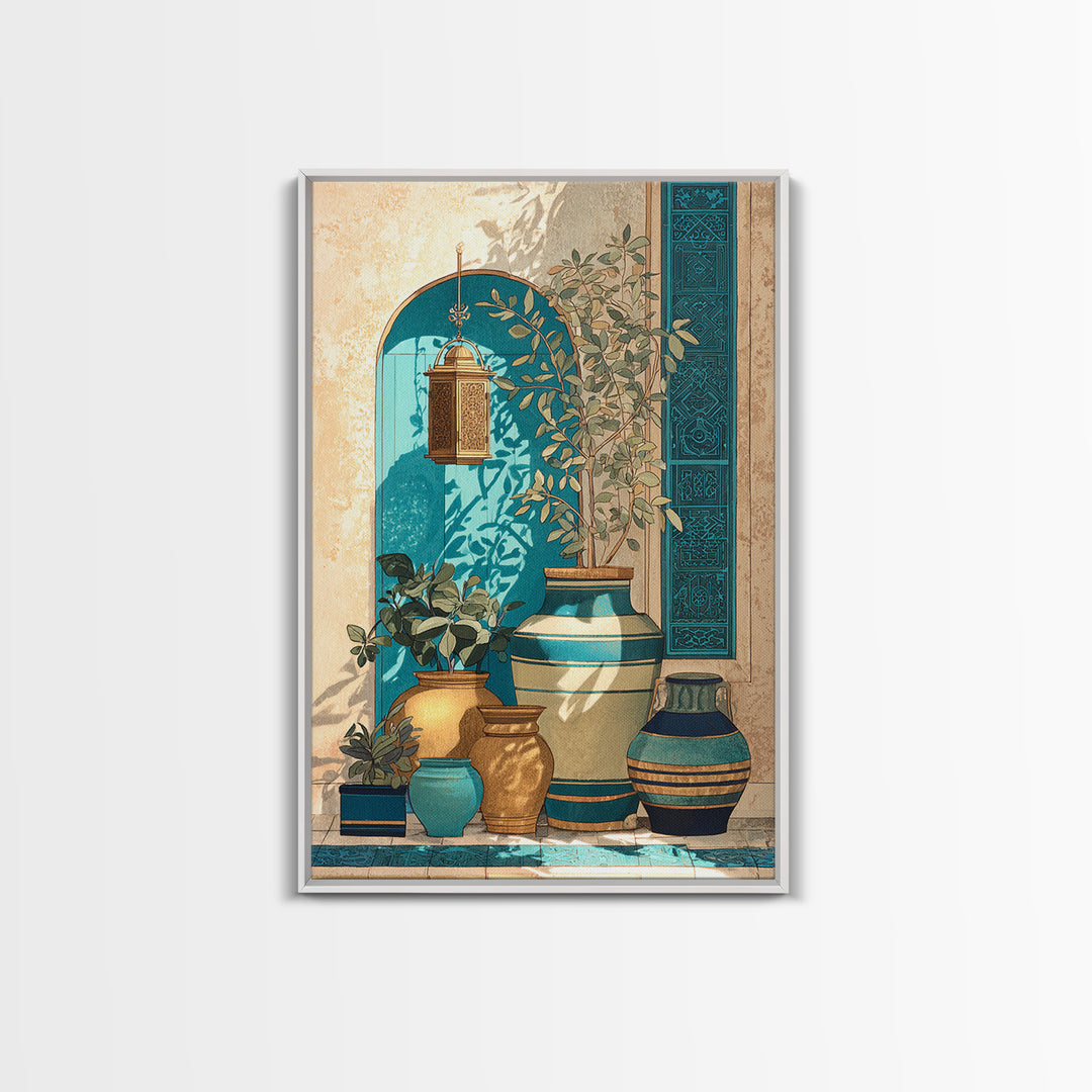 Brass Lantern Still Life Casting Lace Shadows Framed Canvas Print, Moroccan Art, African Art, Living Room Decor, Abstract Art, MOR-2x3-17
