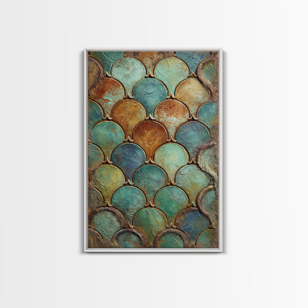 Turquoise Tile Fish Scale Pattern Framed Canvas Print, Moroccan Art, Gallery Wall Set, Living Room Decor, Oil Painting, MOR-2x3-53