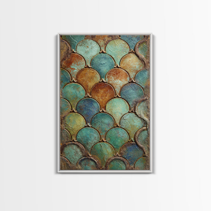 Turquoise Tile Fish Scale Pattern Framed Canvas Print, Moroccan Art, Gallery Wall Set, Living Room Decor, Oil Painting, MOR-2x3-53
