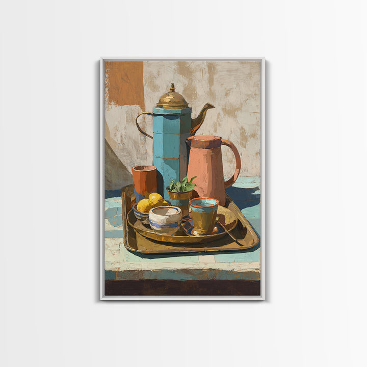 Moroccan Tea Set Framed Canvas Print, Moroccan Art, African Art, Living Room Decor, Fine Art, Marrakesh, Neutral Decor, MOR-2x3-60