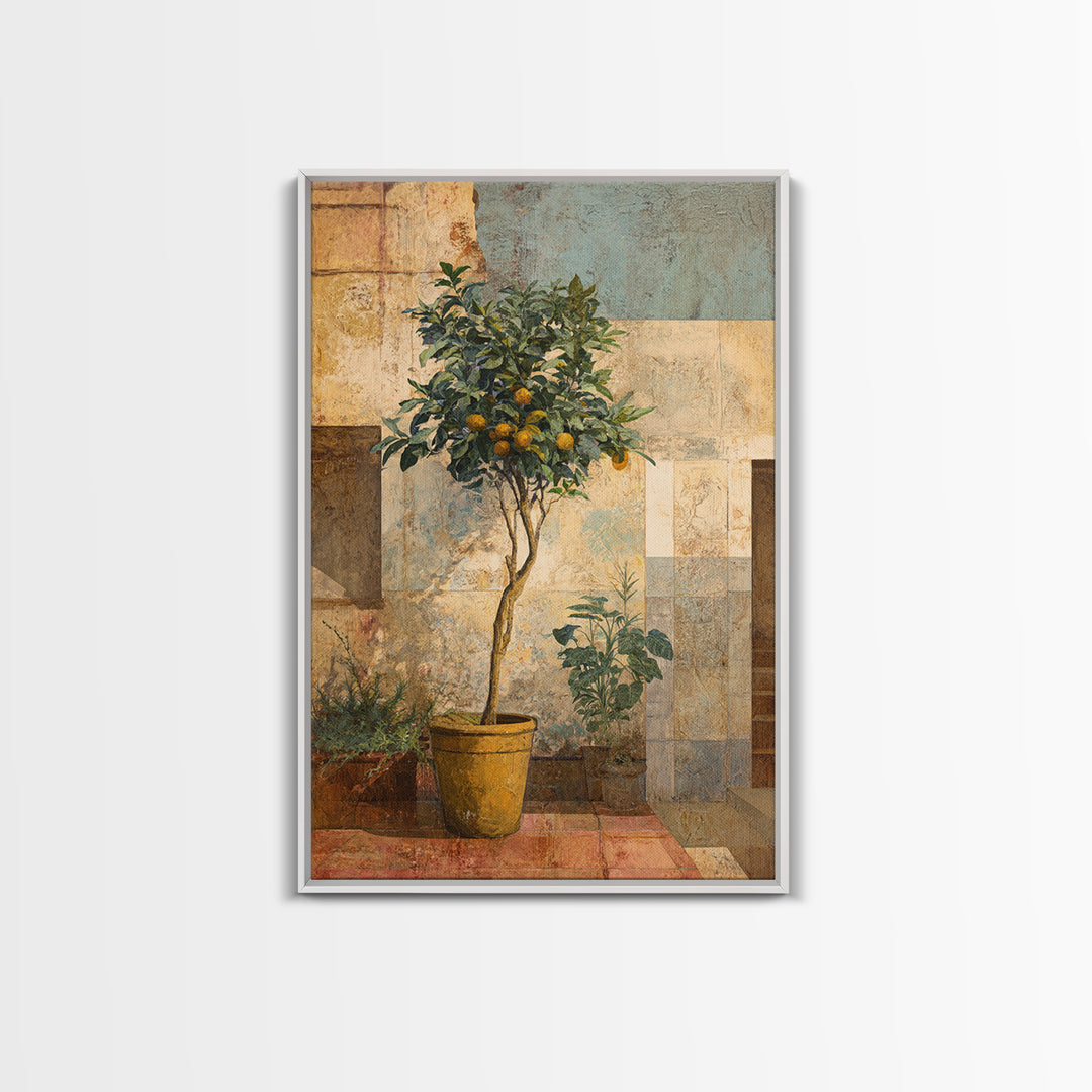 Orange Tree in Tiled Courtyard Framed Canvas Print, Moroccan Art, Neutral Wall Art, Living Room Decor, Fine Art, Marrakesh, MOR-2x3-69