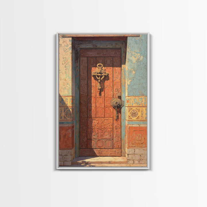 Patterned Door Hardware and Carved Wood Detail Framed Canvas Print, Moroccan Art, Modern Rug, Living Room Decor, Marrakesh, MOR-2x3-75