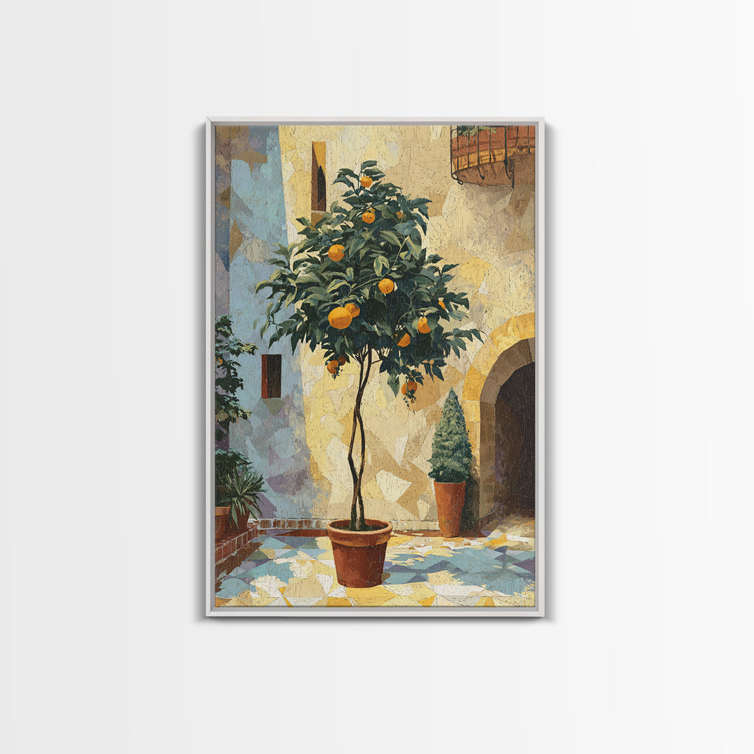 Orange Tree in Tiled Courtyard Framed Canvas Print, Moroccan Art, Neutral Wall Art, Living Room Decor, Fine Art, Marrakesh, MOR-2x3-93