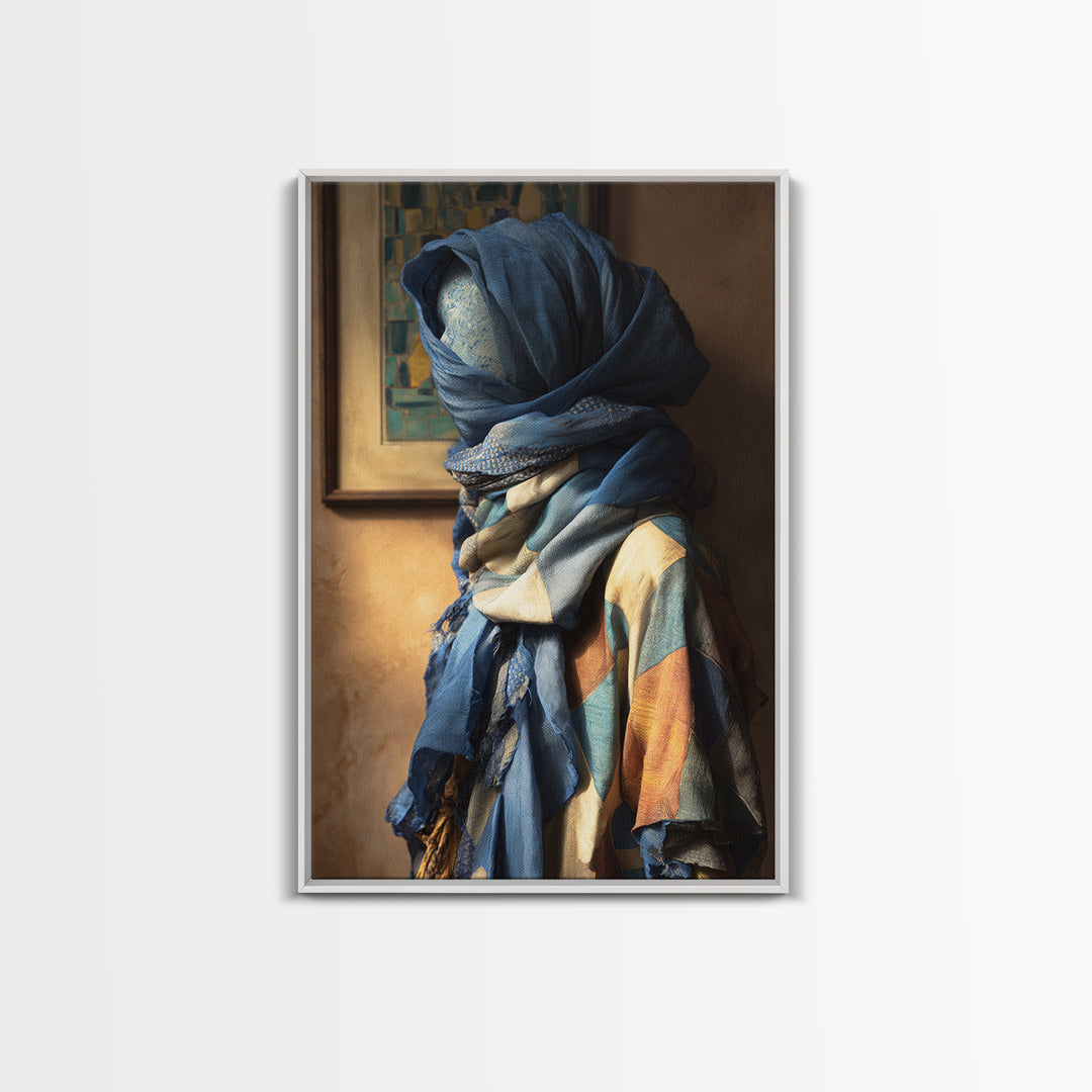 Tuareg Blue Scarf Portrait Framed Canvas Print, Moroccan Art, Modern Wall Art, Living Room Decor, Fine Art, Marrakesh, MOR-2x3-98