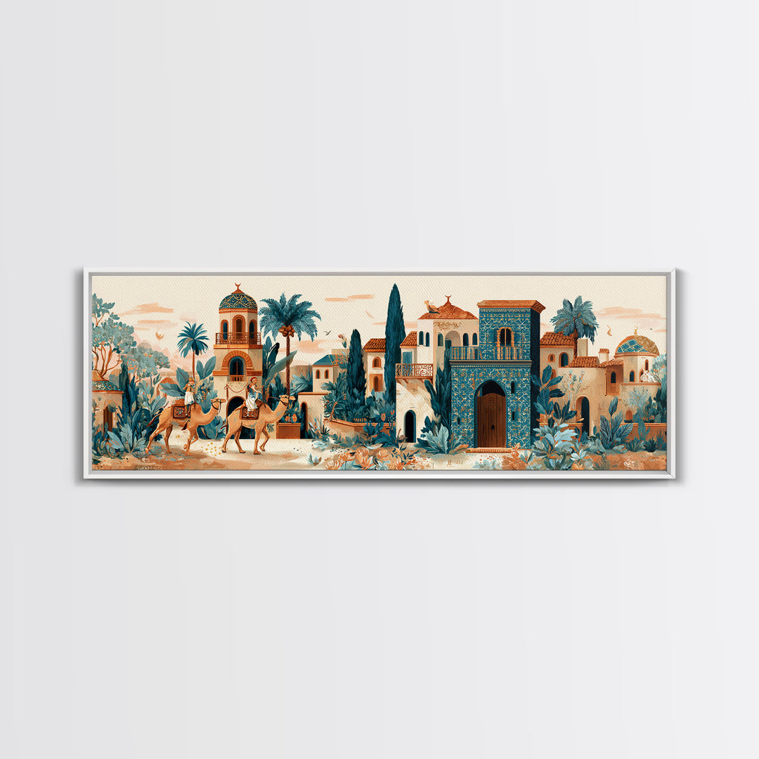 Desert Camel Caravan Framed Canvas Print, Moroccan Art, Boho Decor, Living Room Decor, Fine Art, Marrakesh, Ramadan Decor, MOR-3x1-67