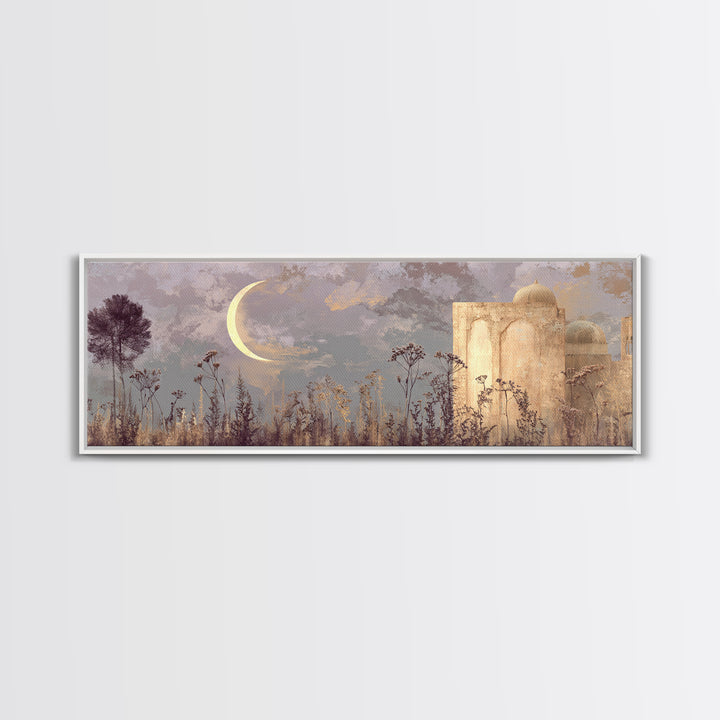 Camel Silhouette Beneath Crescent Moon Framed Canvas Print, Moroccan Art, Living Room Rug, Living Room Decor, Marrakesh, MOR-3x1-99