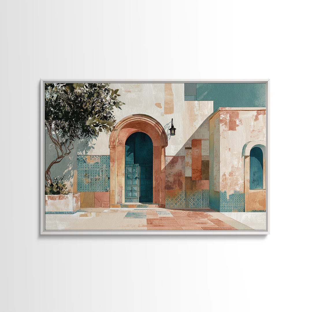 Arched Doorway with Lantern Glow and Patterned Canvas Print, Moroccan Art, Ramadan Decor, Living Room Decor, Marrakesh, MOR-3x2-30