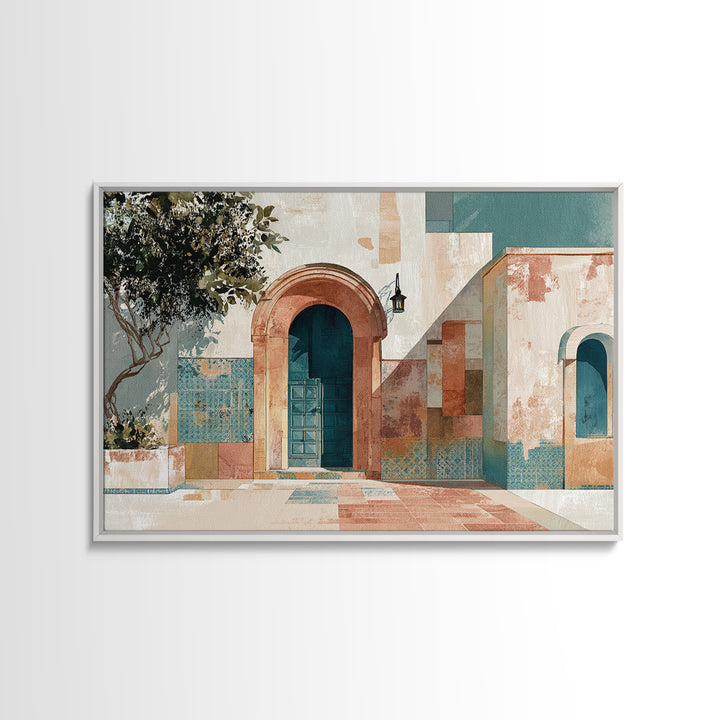 Arched Doorway with Lantern Glow and Patterned Canvas Print, Moroccan Art, Ramadan Decor, Living Room Decor, Marrakesh, MOR-3x2-30