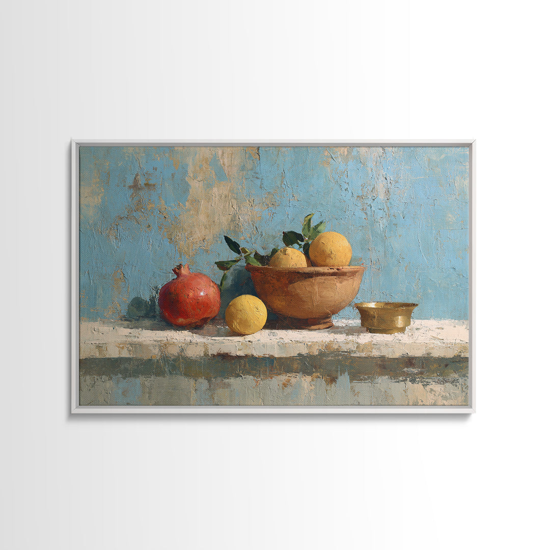 Pomegranate and Brass Bowl Still Life Framed Canvas Print, Moroccan Art, Moroccan Decor, Living Room Decor, Oil Painting, MOR-3x2-50