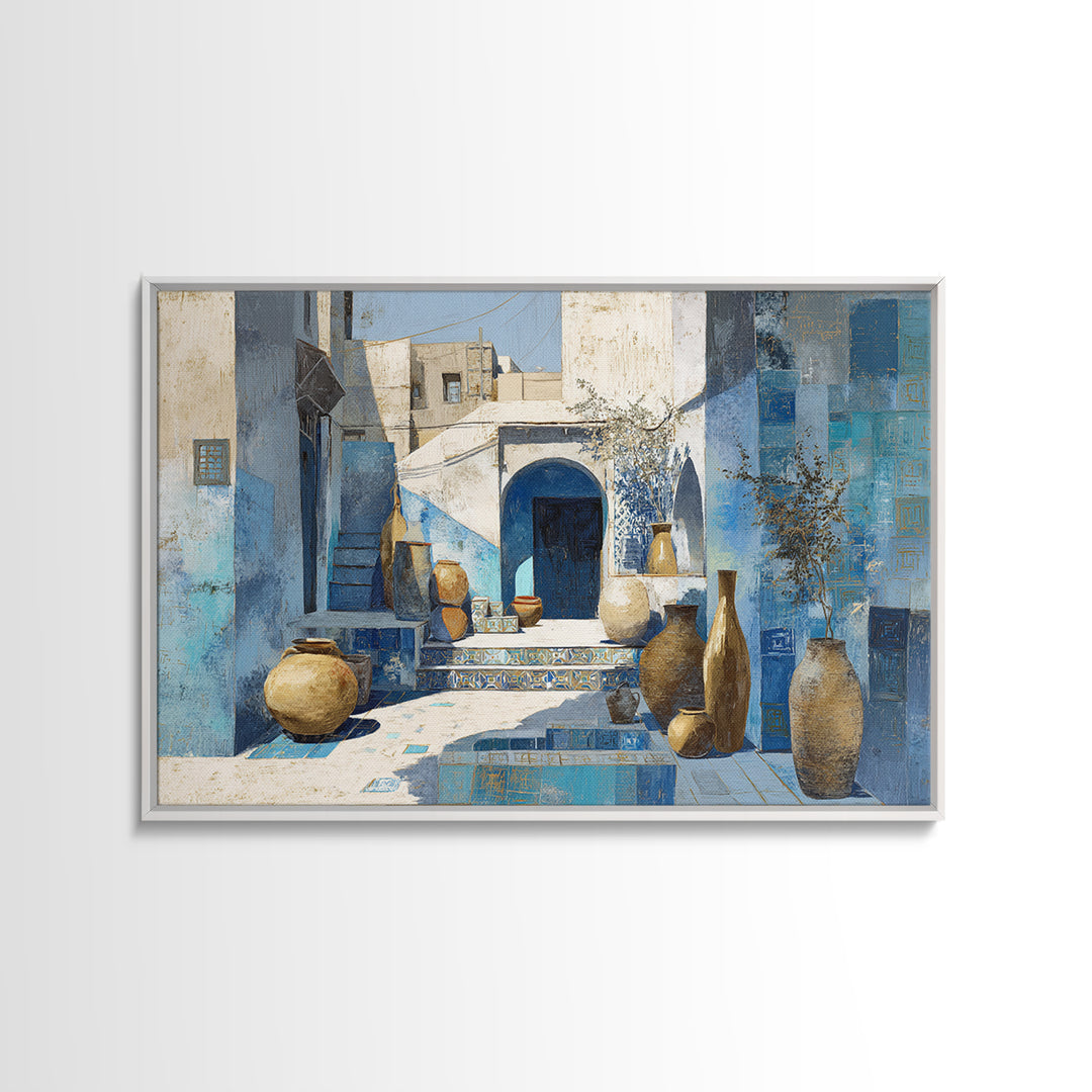 Blue City Alley Rendered as Painterly Shapes Canvas Print, Moroccan Art, Travel Wall Art, Living Room Decor, Abstract Art, MOR-3x2-58