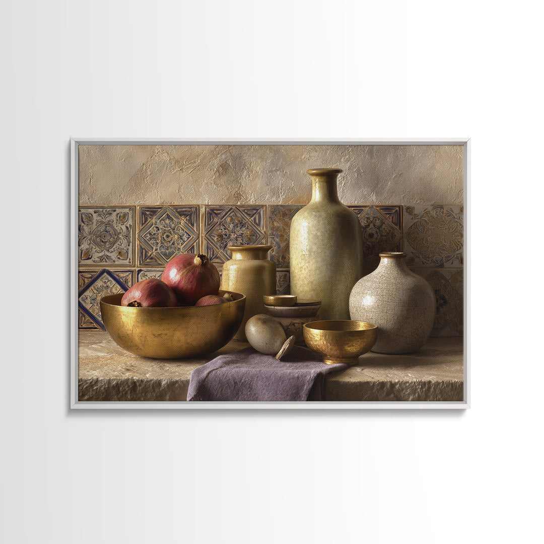 Pomegranate and Brass Bowl Still Life Framed Canvas Print, Moroccan Art, Moroccan Decor, Living Room Decor, Oil Painting, MOR-3x2-74