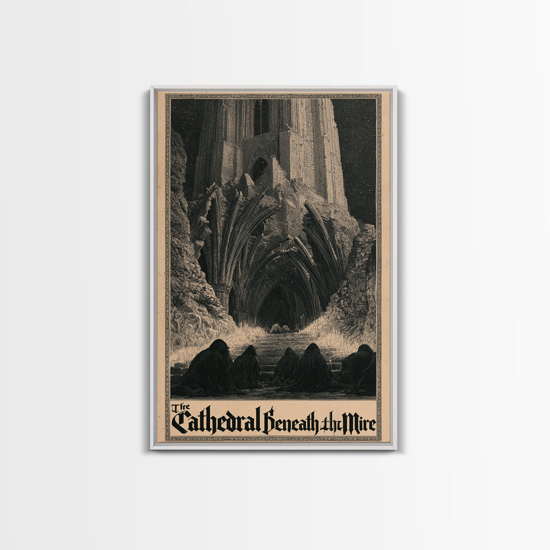 The Cathedral Beneath The Mire, English Language Horror Movie Poster, Gothic Engraving Art, Retro Horror Movie Art, Canvas Print
