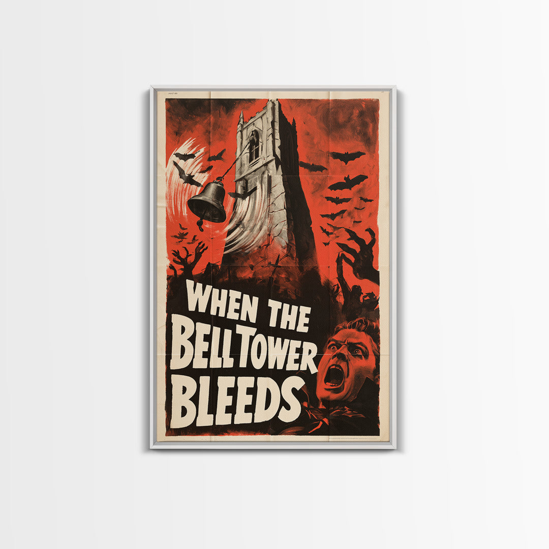 When The Bell Tower Bleeds, English Language Horror Movie Poster, 1950s Creature-Feature One-Sheet Inspired Art, Cult Horror Poster