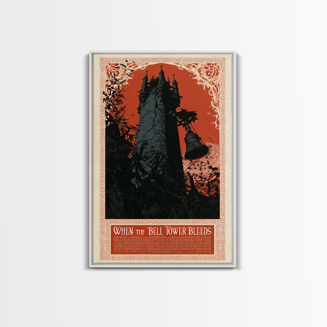 When The Bell Tower Bleeds, English Language Horror Movie Poster, Decadent Line Art, Retro Horror Movie Art, Canvas Print