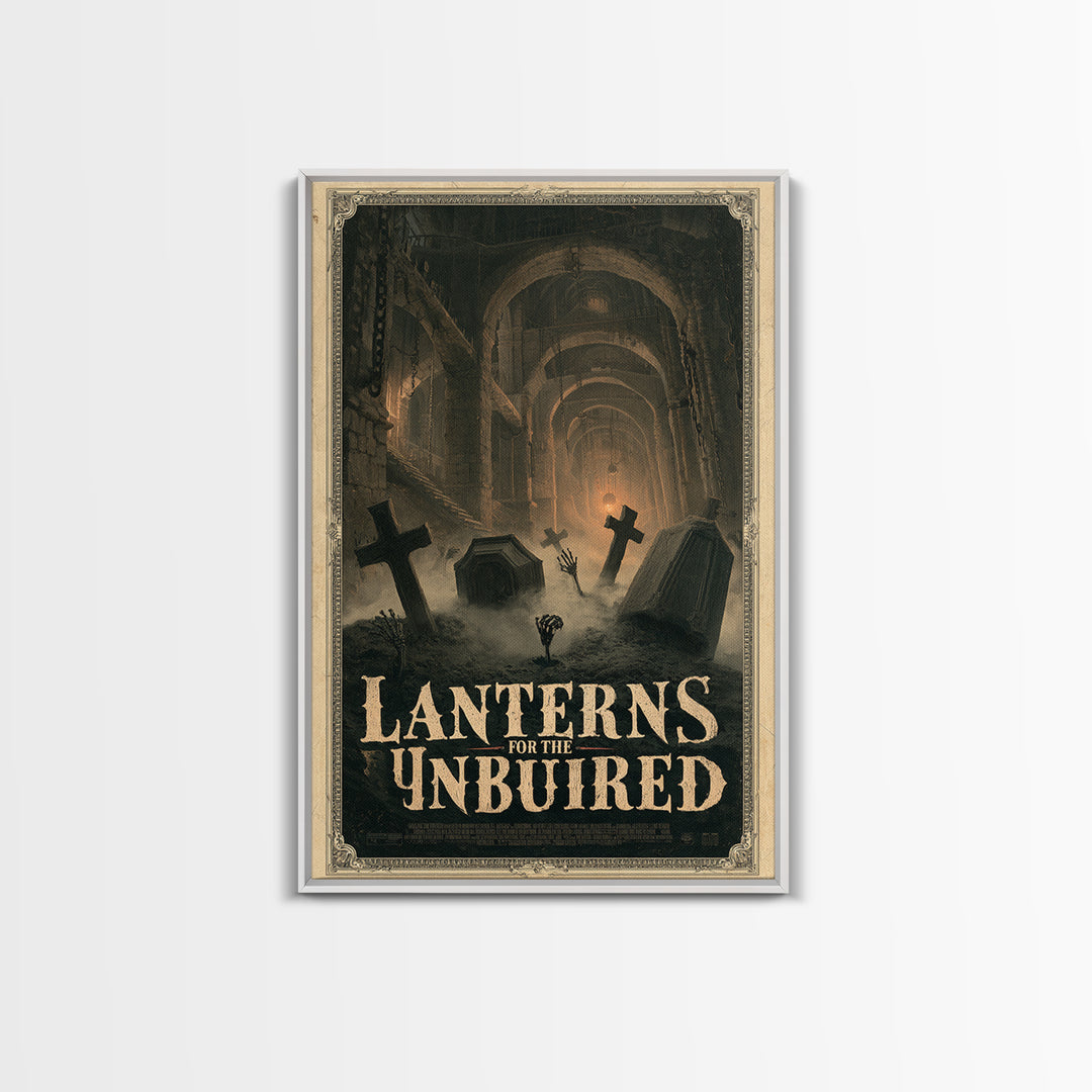 Lanterns For The Unburied, English Language Horror Movie Poster, Architectural Etching Art, Retro Horror Movie Art