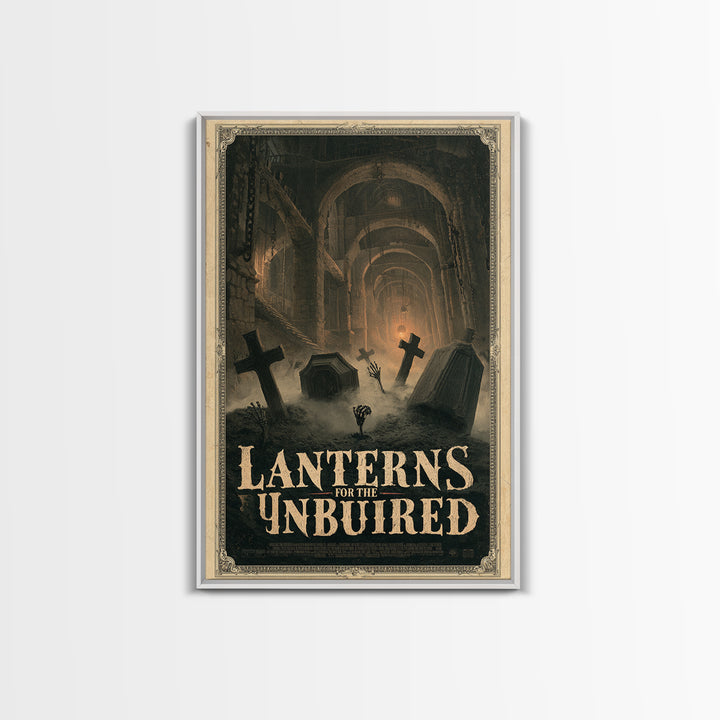 Lanterns For The Unburied, English Language Horror Movie Poster, Architectural Etching Art, Retro Horror Movie Art